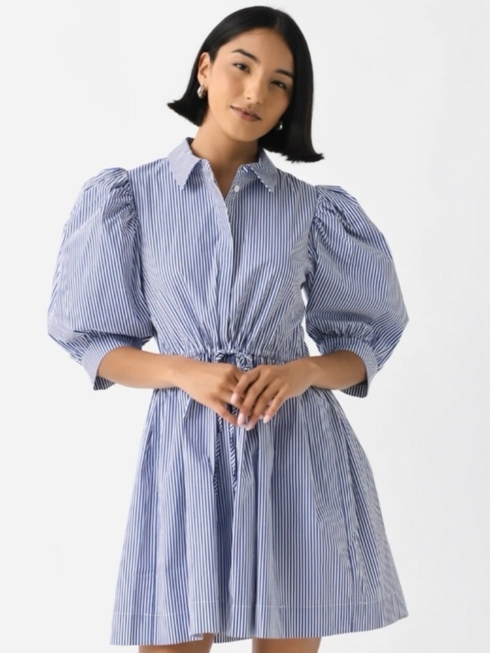 HUNTER BELL McCauley Striped Blue Puff-Sleeve Shirt Dress
